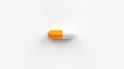 White orange single pill isolated on a white background. Tablet, pill capsule top view, flat lay. 3d render illustration 