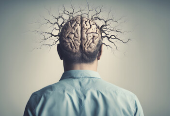 mental health issues and psychotherapy concept - Man showing roots on his head - depression anxiety alzheimer dementia 