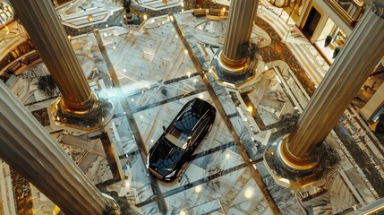 Black car shot from above in the center of an elegant shopping mall with columns and white marble floor, perfect lighting.