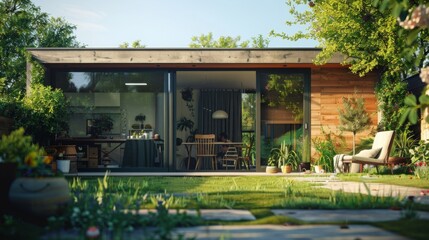 Fototapeta premium Modern tiny house with large windows and green garden in the summer. Comfortable outdoor living space and natural light surrounded by plants.