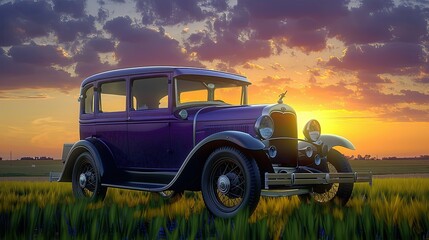 Fototapeta premium A classic purple car parked on the side of an open field at sunset. The scene captures the vintage beauty of old cars against a natural backdrop.