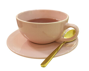 Pink cup of tea with gold teaspoon isolated on white background.