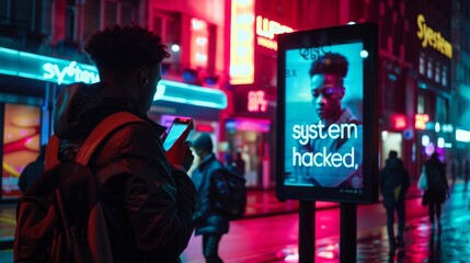 Fototapeta premium Urban street scene with neon lights and digital signage showing 'system hacked' message at night.