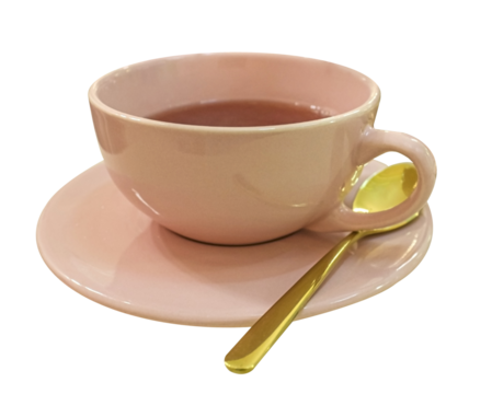 Pink cup of tea with gold teaspoon isolated on white background.