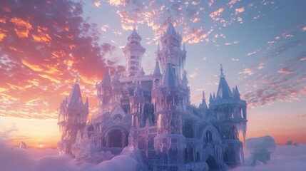 Fantasy castle in the clouds with beautiful sunset, magical and surreal scenery.