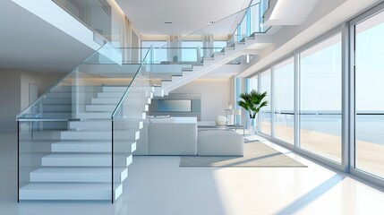 Modern glass staircase with white steps and stainless steel railings in the living room of a luxury villa. The interior design includes elegant furniture and ambient lighting.