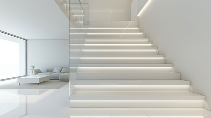 Fototapeta premium Modern glass staircase with white steps and stainless steel railings in the living room of a luxury villa. The interior design includes elegant furniture and ambient lighting.