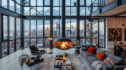 living room with a suspended fireplace, metal-framed furniture, and floor-to-ceiling windows with...