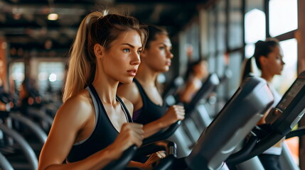 Focused Women Exercising Gym Cardio Workout Elliptical Machine Fitness Health
