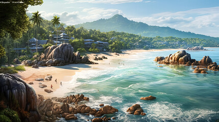 A beautiful beach with a rocky shoreline and a mountain in the background