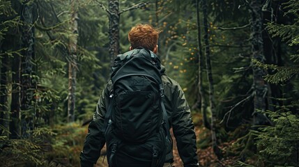Obraz premium A young man with red hair in an olive green jacket and a black backpack walks through the forest, rear view. Using natural light, focusing on the details of his face and clothing.