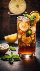 Fototapeta premium A cooling beverage of iced tea, enhanced with lemon and mint, set against a backdrop of fresh lemons and mint leaves for a refreshing experience
