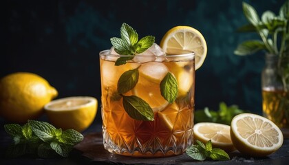 Fototapeta premium A delightful glass of iced tea garnished with lemon slices and mint, paired with fresh lemons and mint leaves, ideal for a hot day