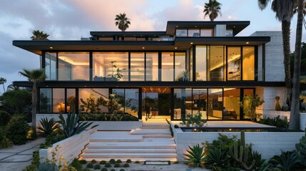 Fototapeta premium Modern house in a minimalist style with large windows and a facade of black glass frames. The main entrance is through two double doors.
