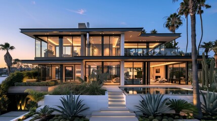 Fototapeta premium Modern house in a minimalist style with large windows and a facade of black glass frames. The main entrance is through two double doors.