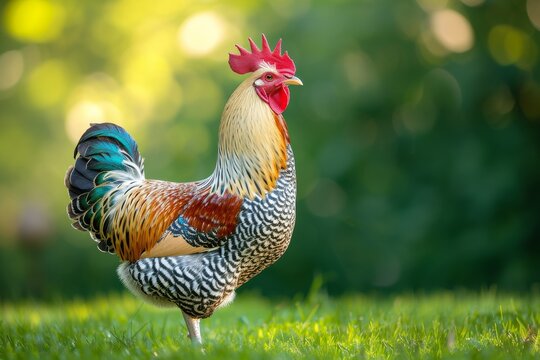 View from side body of a Leghorn chicken standing on grass, Awe-inspiring, Full body shot ::2 Side Angle View