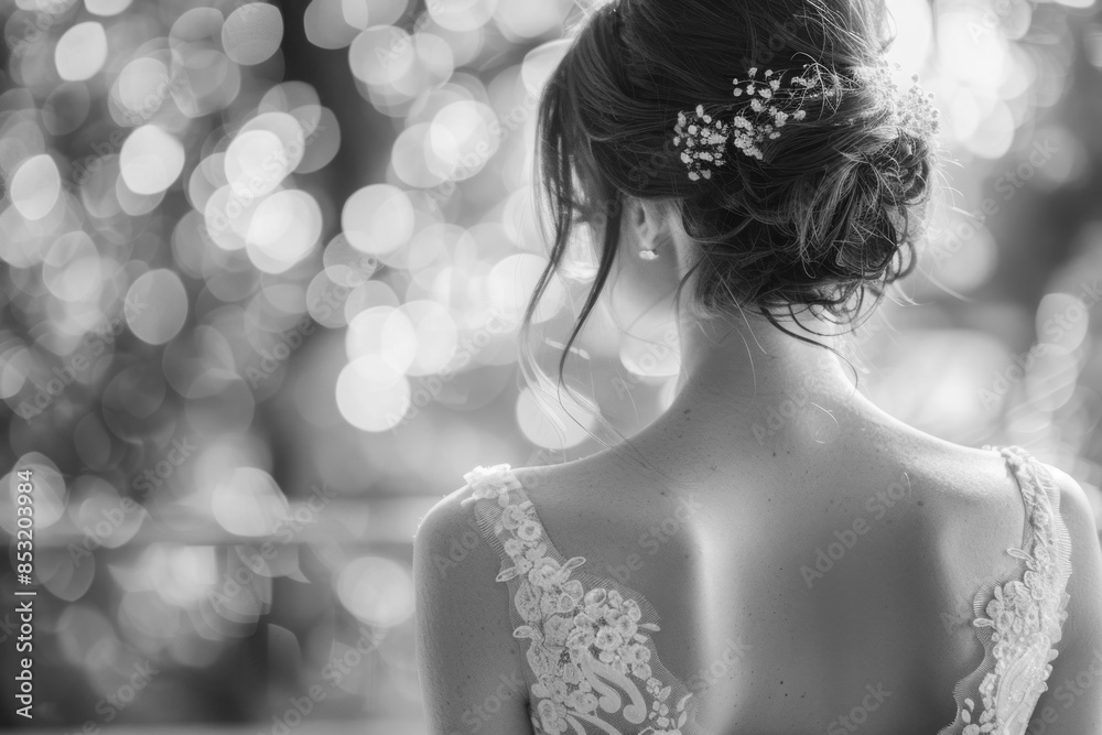 Wall mural elegant bride in lace dress with intricate hair adornment, captured from behind in black and white - Wall murals
