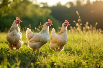 View from side body of a three Leghorn chicken standing on grass, Awe-inspiring, Full body shot ::2 Side Angle View