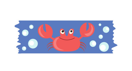 Decorative washi tape strip with cute childish crab over blue sea background vector illustration