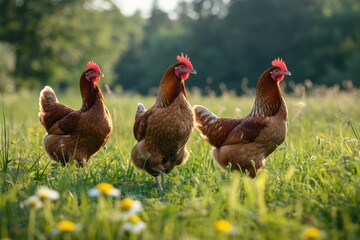 Fototapeta premium View from side body of a three Rhode Island Red standing on grass, Awe-inspiring, Full body shot ::2 Side Angle View