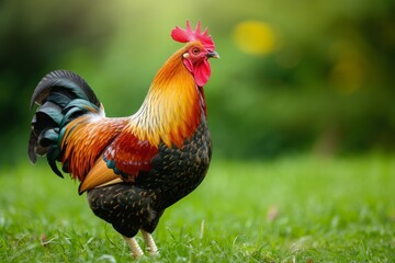 Fototapeta premium View from side body of a Wyandotte chicken standing on grass, Awe-inspiring, Full body shot ::2 Side Angle View