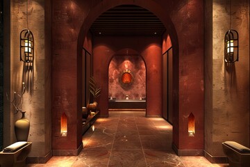 Naklejka premium A hallway with lights and a mirror.