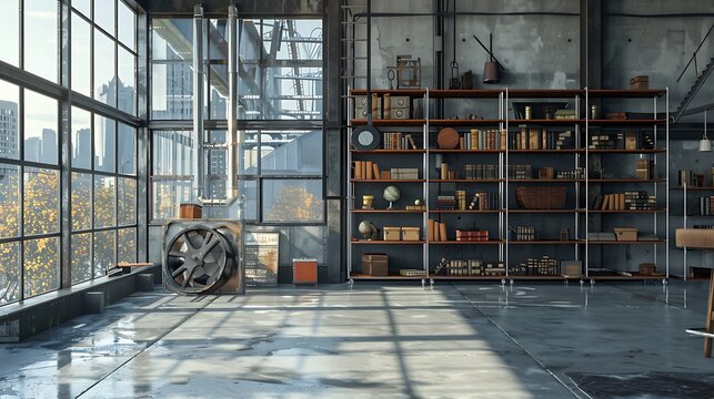 loft living space with a large steel-framed window, a concrete floor, and an industrial bookshelf filled with vintage artifacts