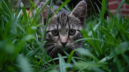A cat is hiding in the grass.