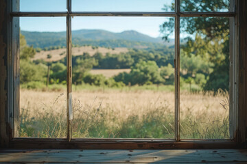 Rustic Window View of Countryside Landscape with Hills