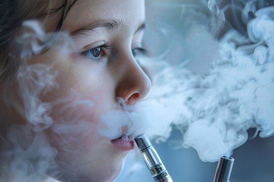 Little girl with electronic cigarette and smoke in her mouth, close up