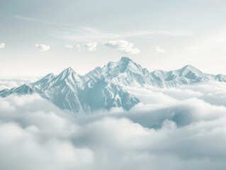 Fototapeta premium Majestic Mountain Peaks Above the Clouds: A Serene Snow-Capped Panorama with Soft Sunlight and Gentle Hues of White and Blue in a Tranquil Natural Setting