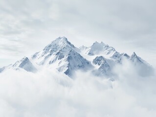 Fototapeta premium Majestic Snow-Covered Peaks Rising Through Clouds in a Serene, Overcast Sky Creating a Tranquil Landscape of Rugged Terrain and Icy Ridges