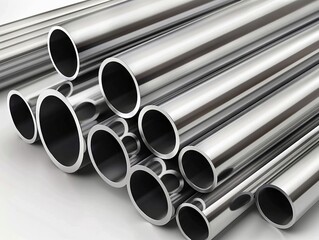 Stainless steel pipes on white background.