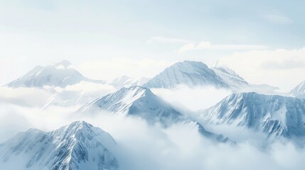 Snow-capped mountain peaks rise above a sea of clouds, bathed in soft, ethereal light, creating a serene and majestic winter landscape.