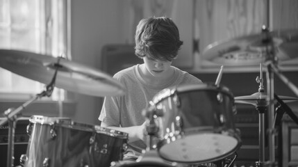 Young Boy Playing Drums in Black and White