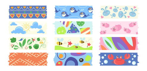 Color washi tape, paper strip, adhesive scotch patch with creative colored pattern isolated on white