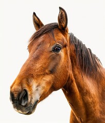 A brown horse with black eyes is looking at the camera.
