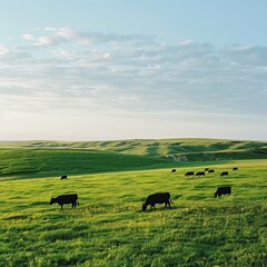 Serene landscape  black cattle grazing on vast green pastures under clear blue sky
