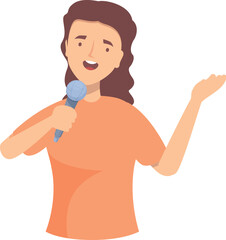 Young female speaker is holding a microphone and making a point during a conference