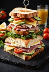 A towering ham, tomato, and cucumber sandwich on a rustic wooden board