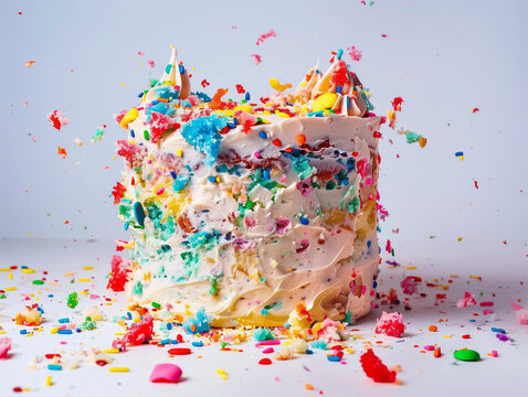 Still life of a smashed cake with colorful decorations