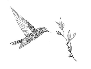 bird tatoo style on a branch, flowers drawing floral, ornament thin lines. black and white 