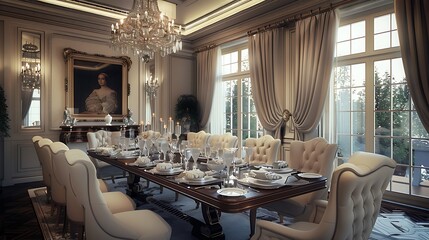 Fototapeta premium elegant formal dining room with a long table, high-backed chairs, and a crystal chandelier creating a sophisticated atmosphere