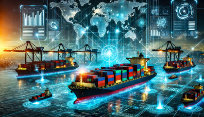 A futuristic illustration of a busy shipping port using advanced technology and automation in global logistics, featuring cargo ships