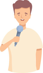 Young man is speaking holding a microphone, making an announcement