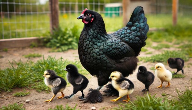  Australorp hen walking with her chicks in an outdoor enclosure. Captures the nurturing and natural behavior of poultry.