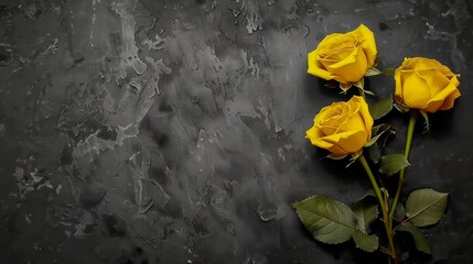 Three vibrant yellow roses on a textured black surface - Powered by Adobe