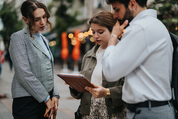 Group of businesspeople engaged in an outdoor meeting, discussing and reviewing documents. Professional collaboration and city office setting.
