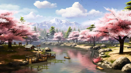 A beautiful scene of a river with cherry blossoms and a bridge