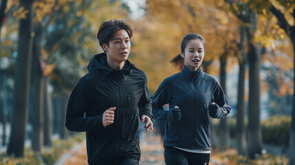 a happy couple jogging outside , fitness couple exercising healthy lifestyle outdoors